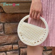White Faux Pearl Beaded Top Handle Bag – Round, 13×5×13cm