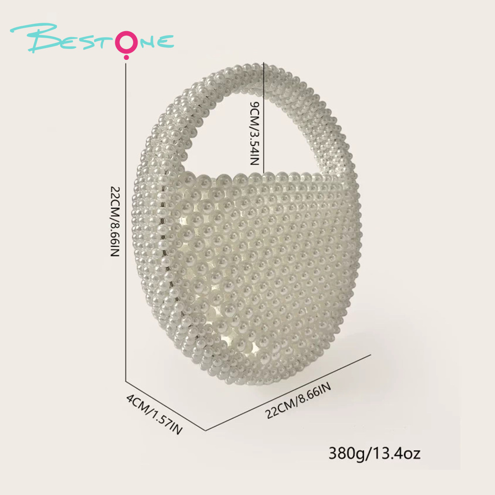 White Faux Pearl Beaded Top Handle Bag – Round, 13×5×13cm