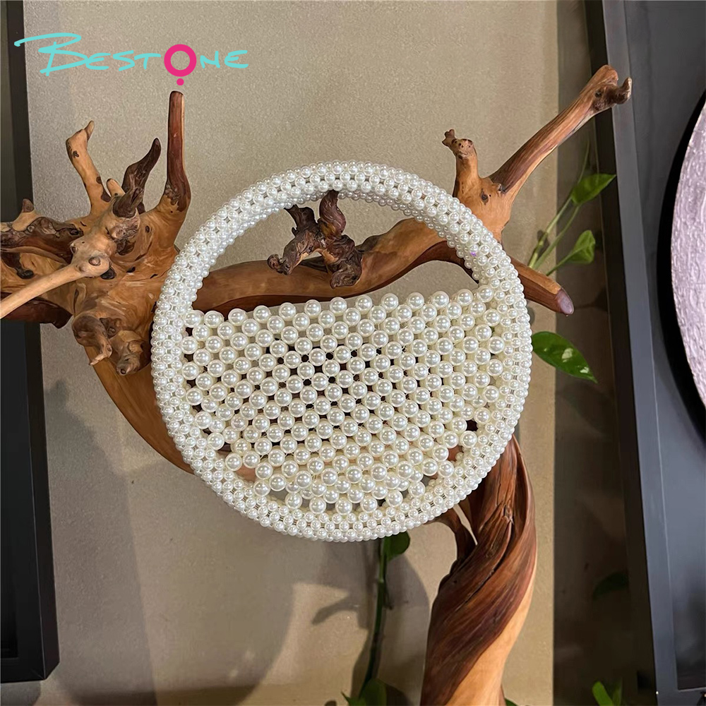 White Faux Pearl Beaded Top Handle Bag – Round, 13×5×13cm