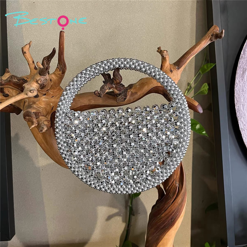 White Faux Pearl Beaded Top Handle Bag – Round, 13×5×13cm