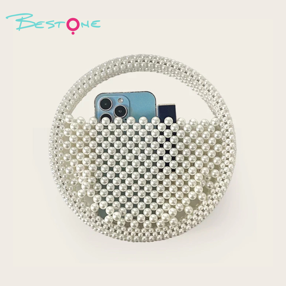 White Faux Pearl Beaded Top Handle Bag – Round, 13×5×13cm