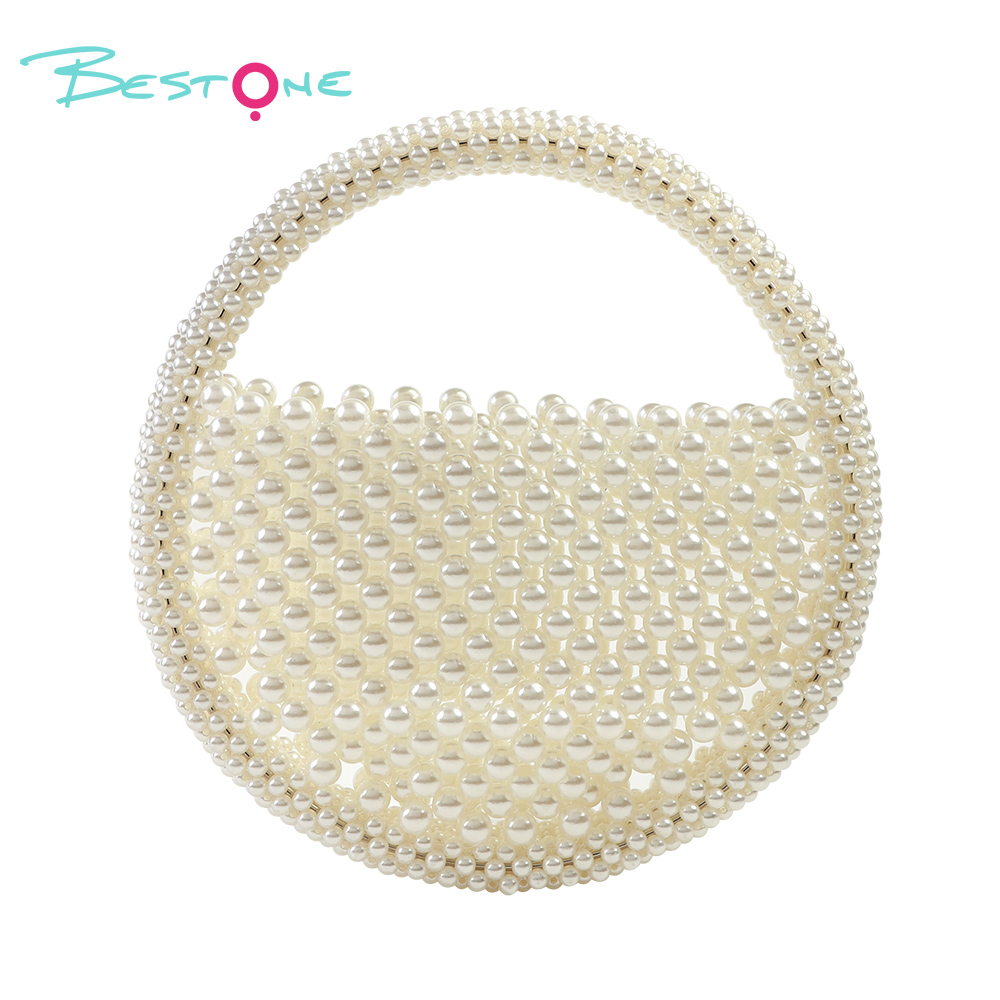 White Faux Pearl Beaded Top Handle Bag – Round, 13×5×13cm