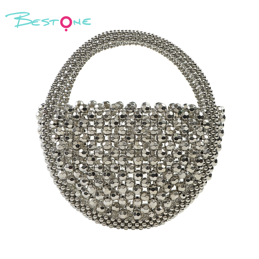 White Faux Pearl Beaded Top Handle Bag – Round, 13×5×13cm