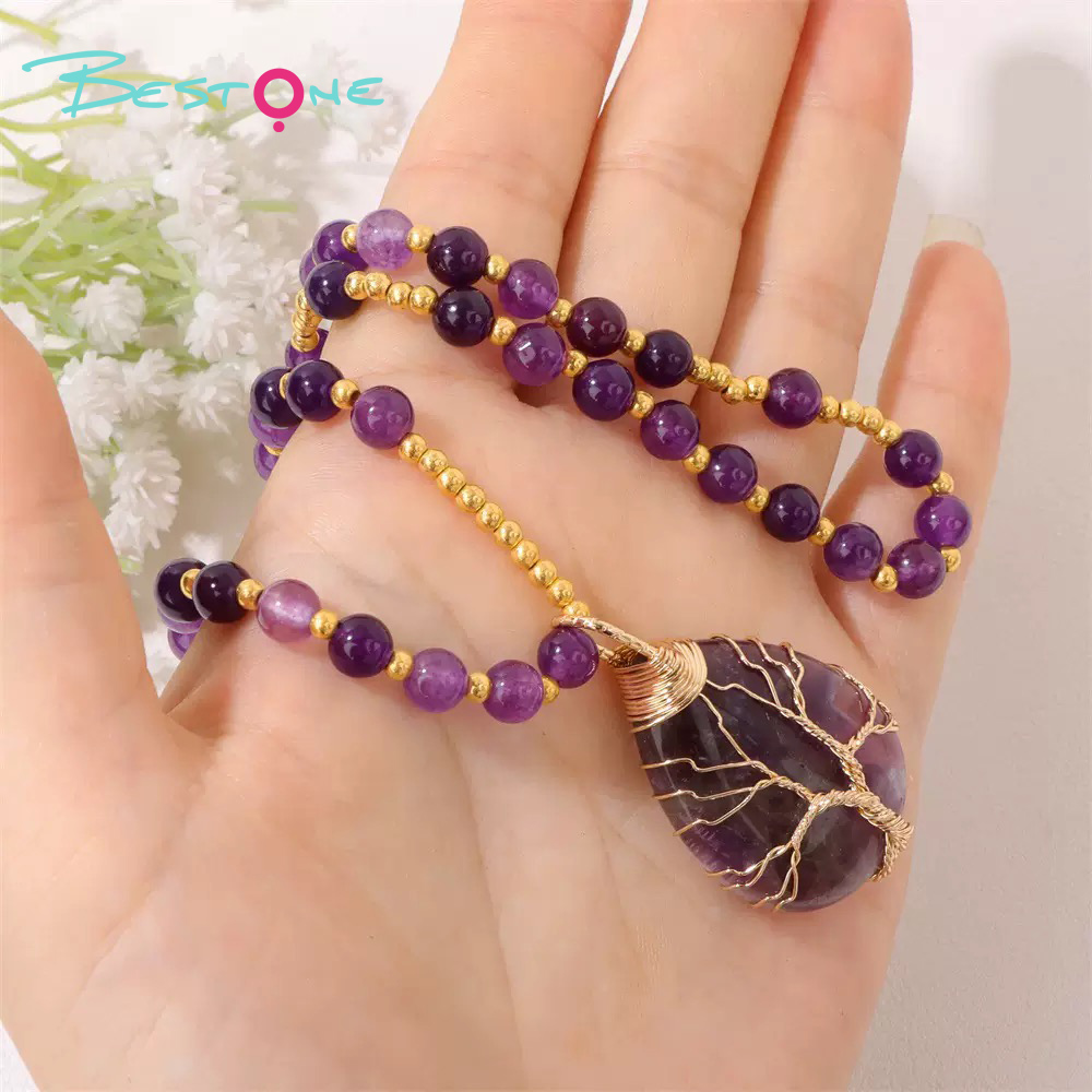 Healing Crystal Amethyst Necklace – 6mm Energy Gemstone Beads with Gold Spacers