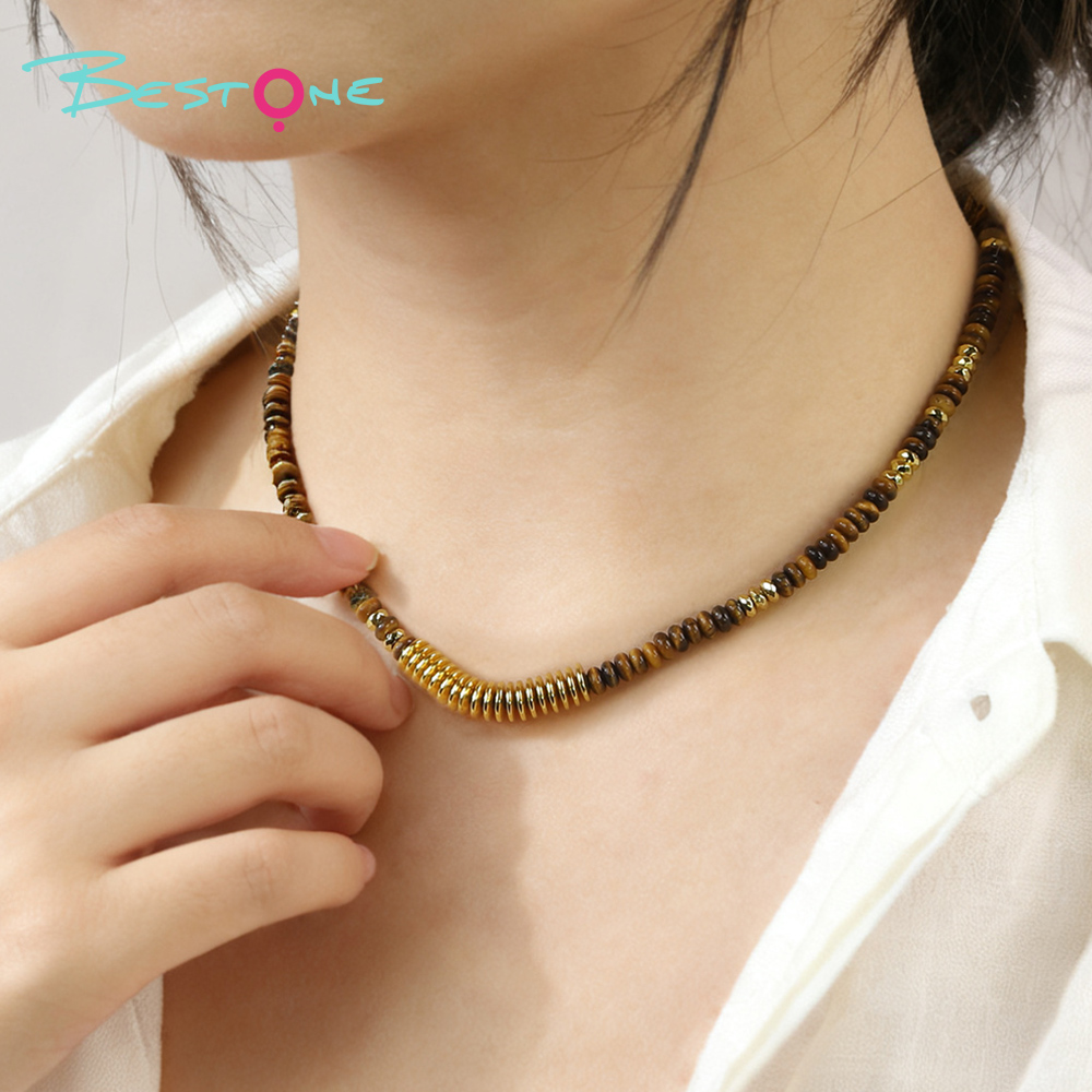 Natural Tiger Eye Healing Crystal Necklace – Energy Gemstone Beads with Gold Spacers