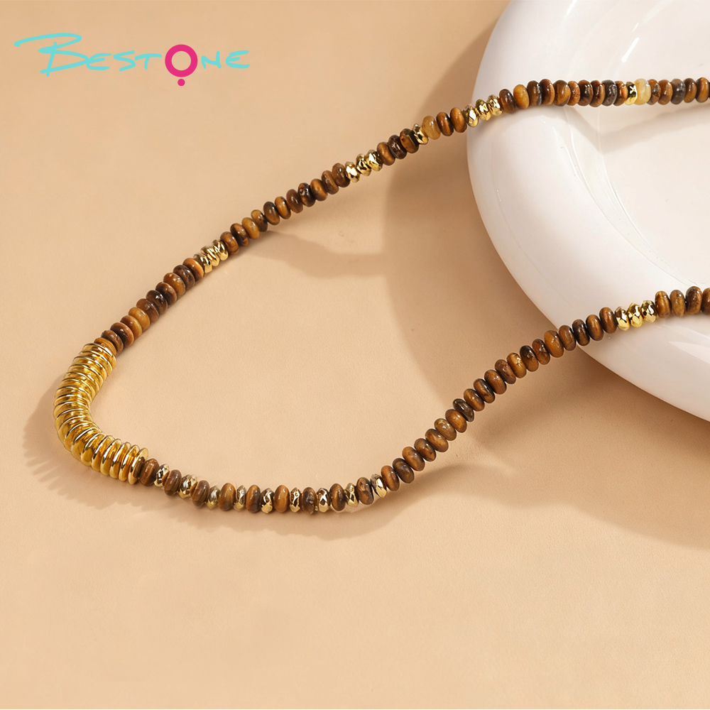 Natural Tiger Eye Healing Crystal Necklace – Energy Gemstone Beads with Gold Spacers