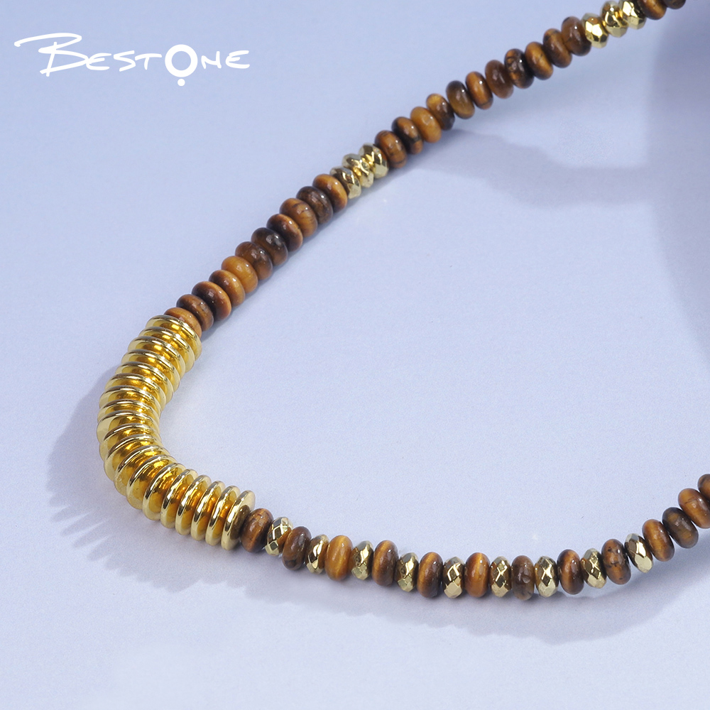 Natural Tiger Eye Healing Crystal Necklace – Energy Gemstone Beads with Gold Spacers
