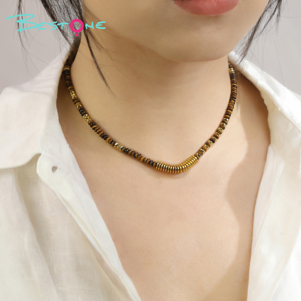 Natural Tiger Eye Healing Crystal Necklace – Energy Gemstone Beads with Gold Spacers