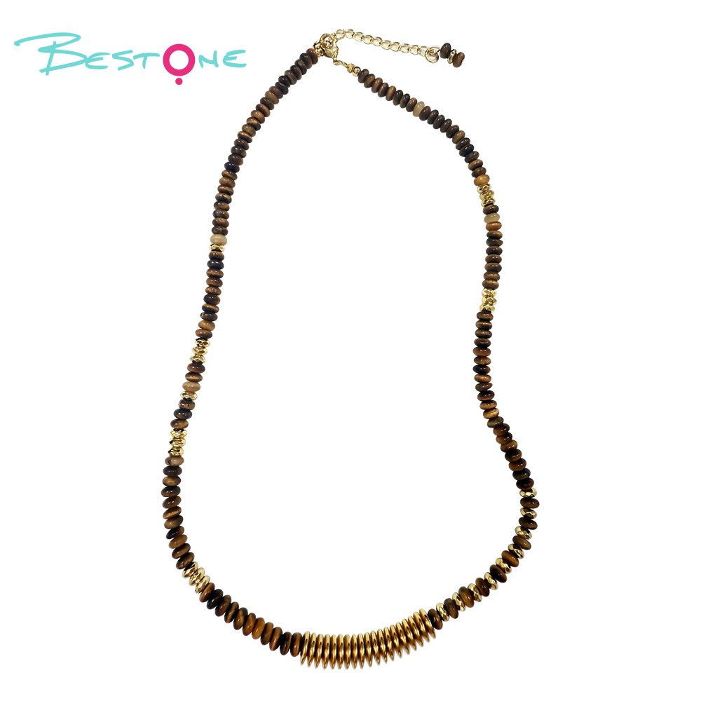 Natural Tiger Eye Healing Crystal Necklace – Energy Gemstone Beads with Gold Spacers