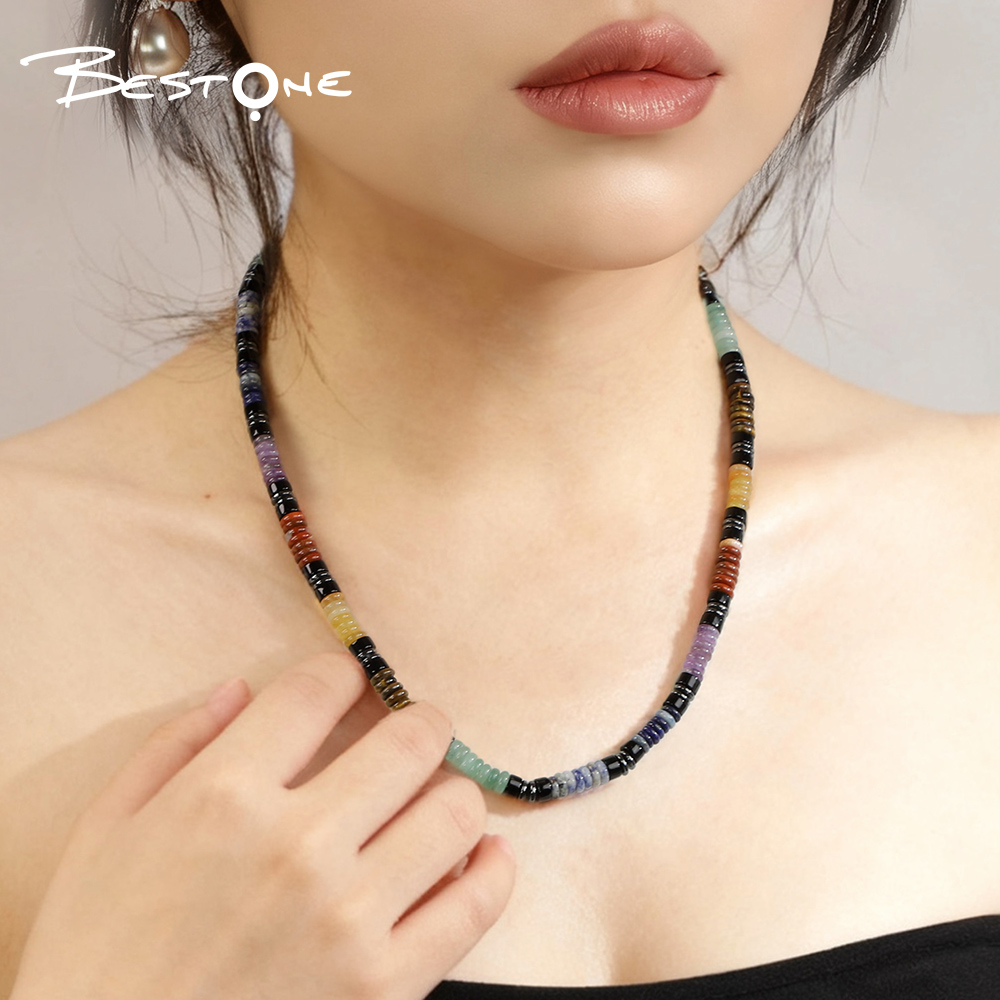 Healing Crystal & Energy Gemstone Beaded Necklace – Natural 6mm Energy Stone with Antique Silver Spacers