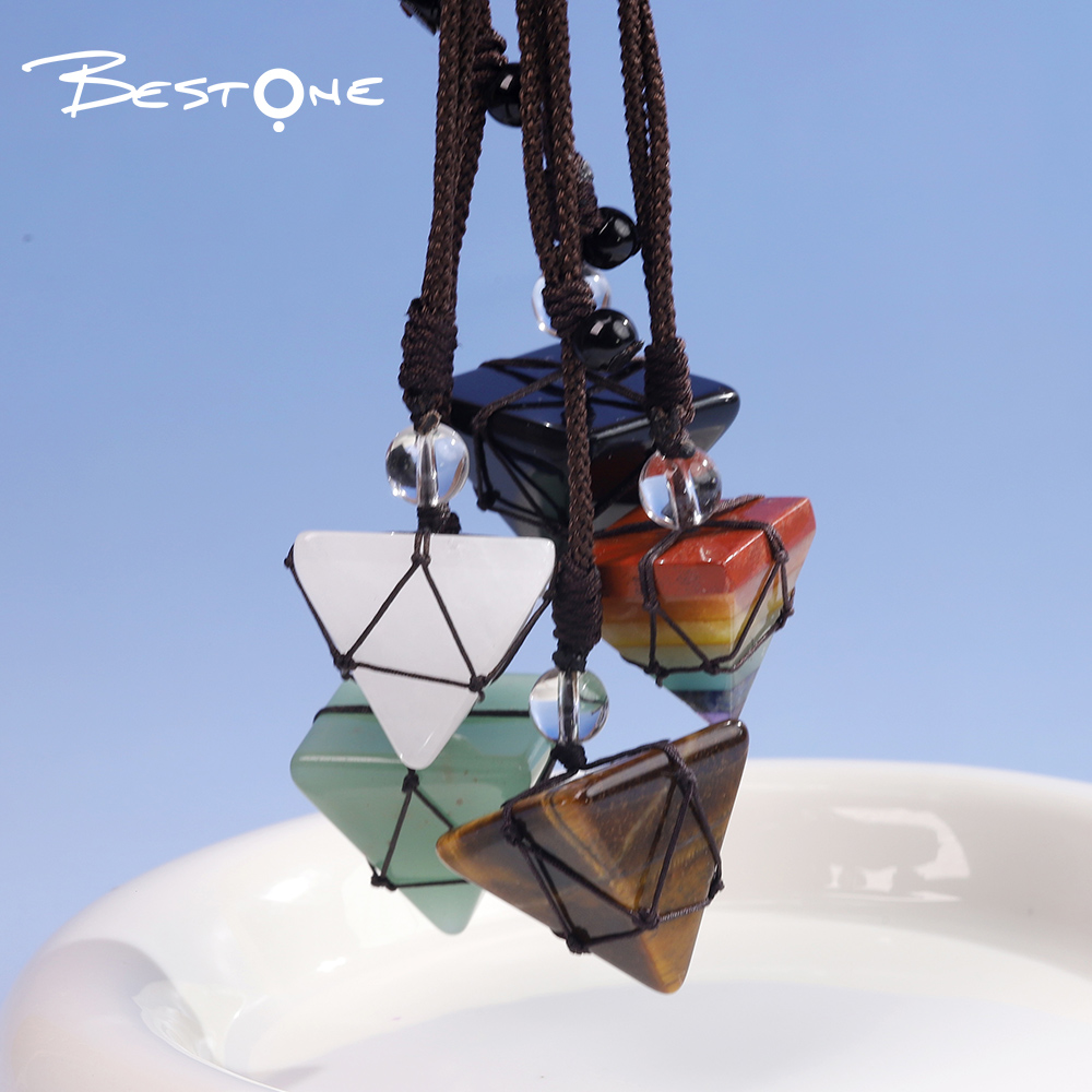 Healing Crystal & Energy Gemstone Pyramid Necklace – 8 Natural Energy Stones, Adjustable Cord