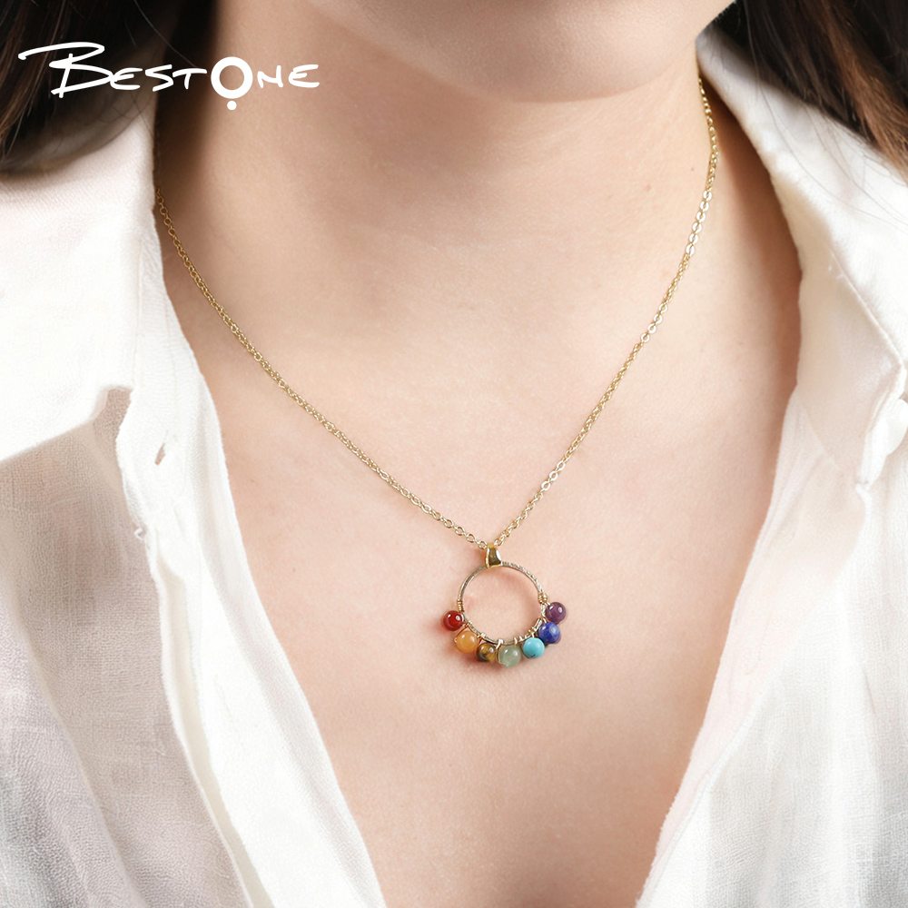 Natural Healing Crystal & Energy Gemstone Beaded Necklace with Ring Pendant – 4mm Energy Stone Beads