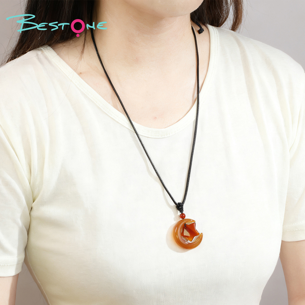 Healing Crystal & Energy Gemstone Moon & Star Necklace – Rose Quartz, Red Agate & Tiger Eye