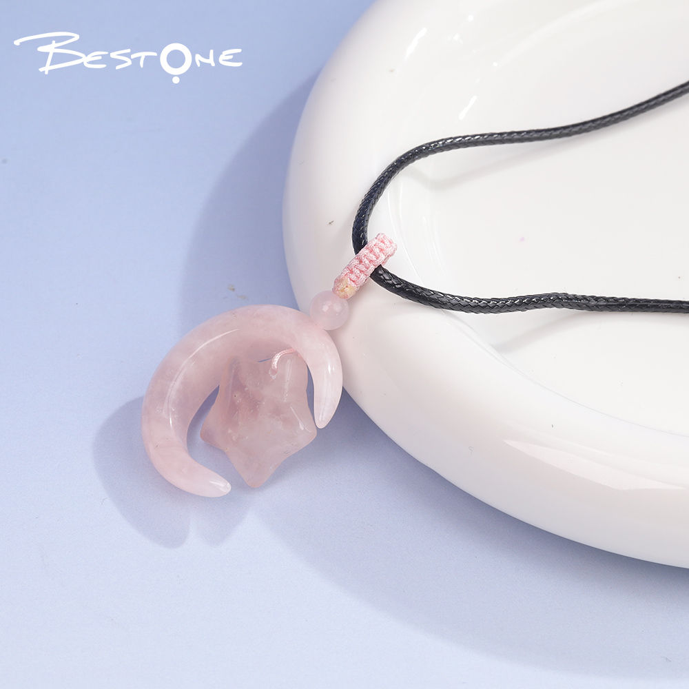 Healing Crystal & Energy Gemstone Moon & Star Necklace – Rose Quartz, Red Agate & Tiger Eye