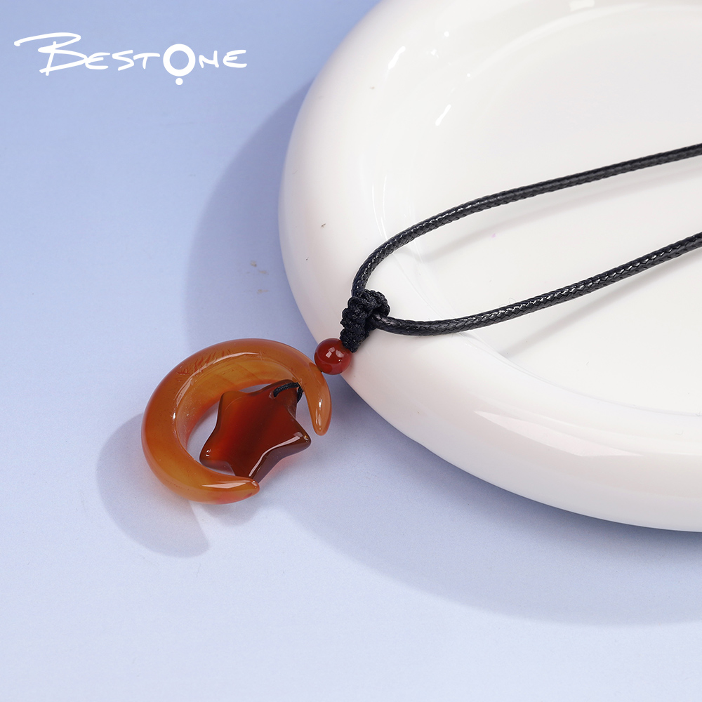 Healing Crystal & Energy Gemstone Moon & Star Necklace – Rose Quartz, Red Agate & Tiger Eye