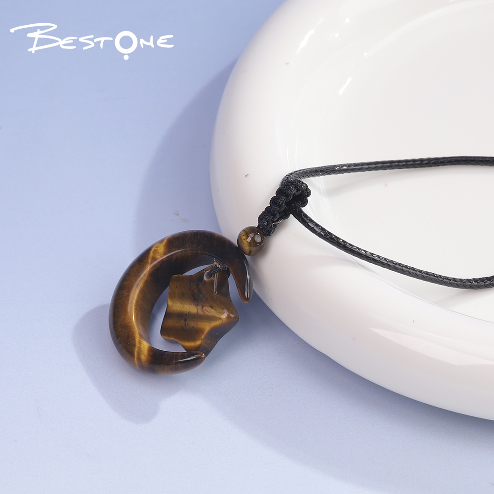 Healing Crystal & Energy Gemstone Moon & Star Necklace – Rose Quartz, Red Agate & Tiger Eye