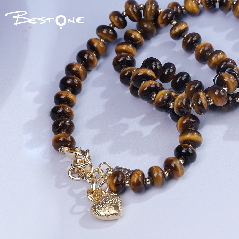 Healing Crystal Tiger Eye Necklace – Natural Energy Gemstone Abacus Beads, Metal Spacers & Heart Charm