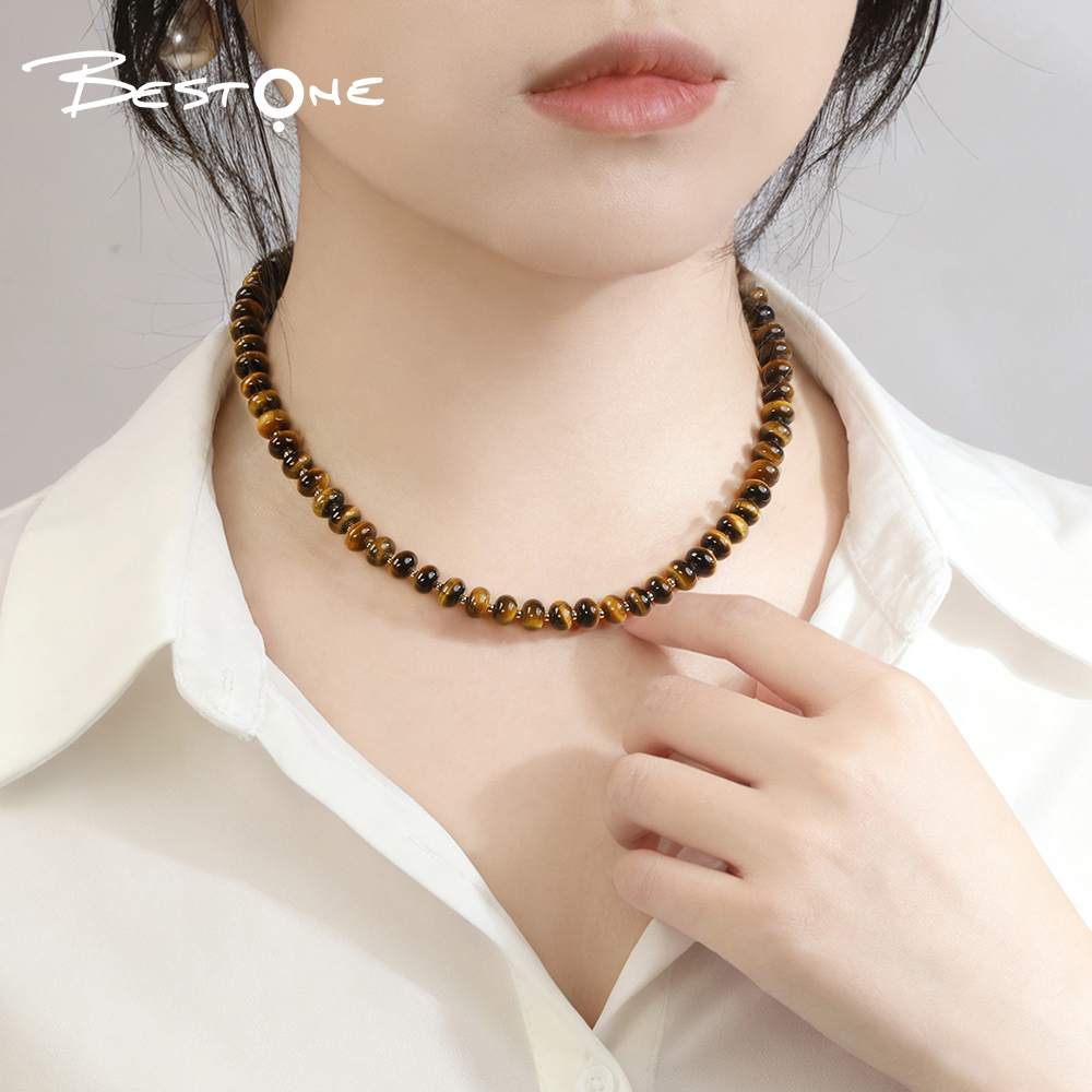 Healing Crystal Tiger Eye Necklace – Natural Energy Gemstone Abacus Beads, Metal Spacers & Heart Charm