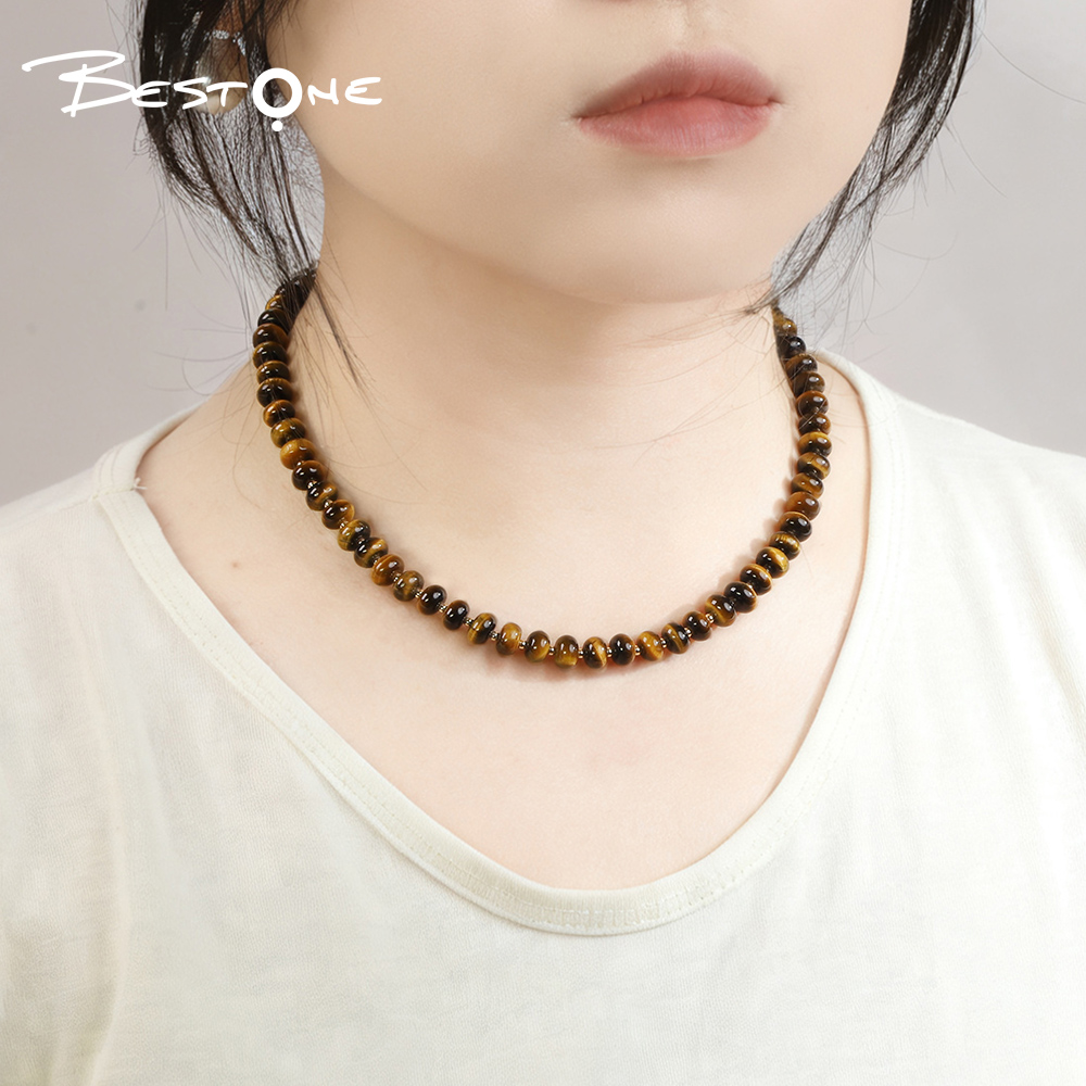 Healing Crystal Tiger Eye Necklace – Natural Energy Gemstone Abacus Beads, Metal Spacers & Heart Charm