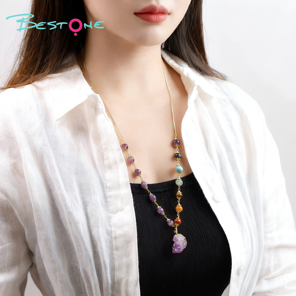 Healing Crystal Energy Gemstone Pull Necklace  – Multicolor Energy Stone, Seven Chakra Style