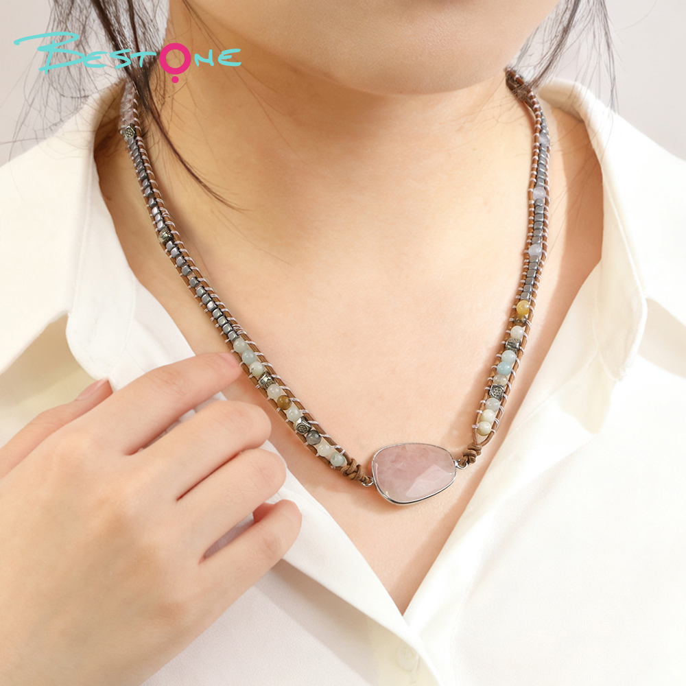 Wholesale Leather Cord Healing Crystal Necklace  – Amethyst, Rose Quartz, Turquoise & Sparkling Stone
