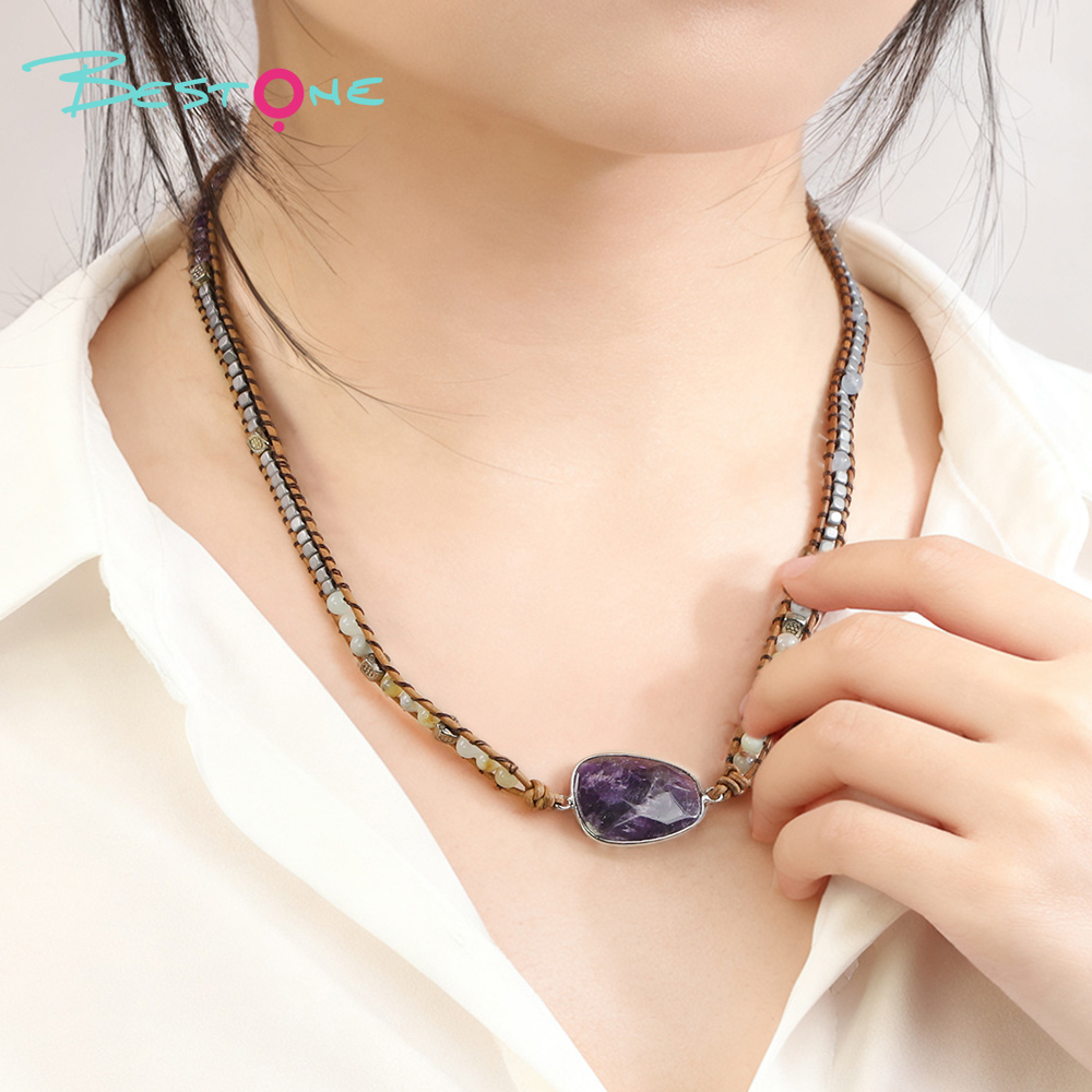 Wholesale Leather Cord Healing Crystal Necklace  – Amethyst, Rose Quartz, Turquoise & Sparkling Stone