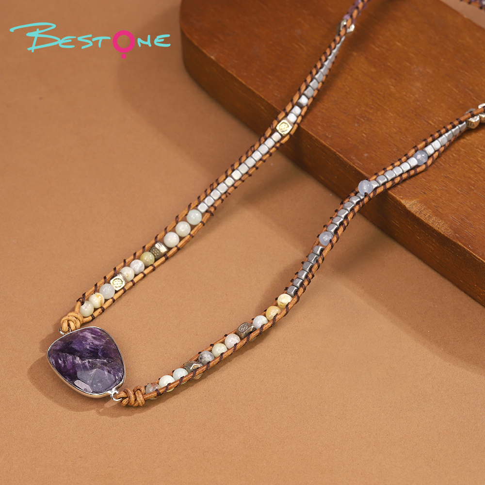 Wholesale Leather Cord Healing Crystal Necklace  – Amethyst, Rose Quartz, Turquoise & Sparkling Stone