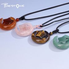 Healing Crystal & Energy Gemstone Moon & Star Necklace – Rose Quartz, Red Agate & Tiger Eye