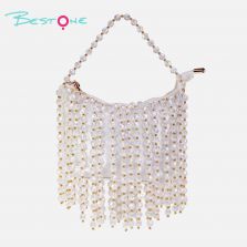 White Acrylic Beaded Handbag with Tassel Tote Bag 14×20cm