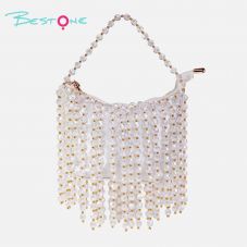 White Acrylic Beaded Handbag with Tassel Tote Bag 14×20cm