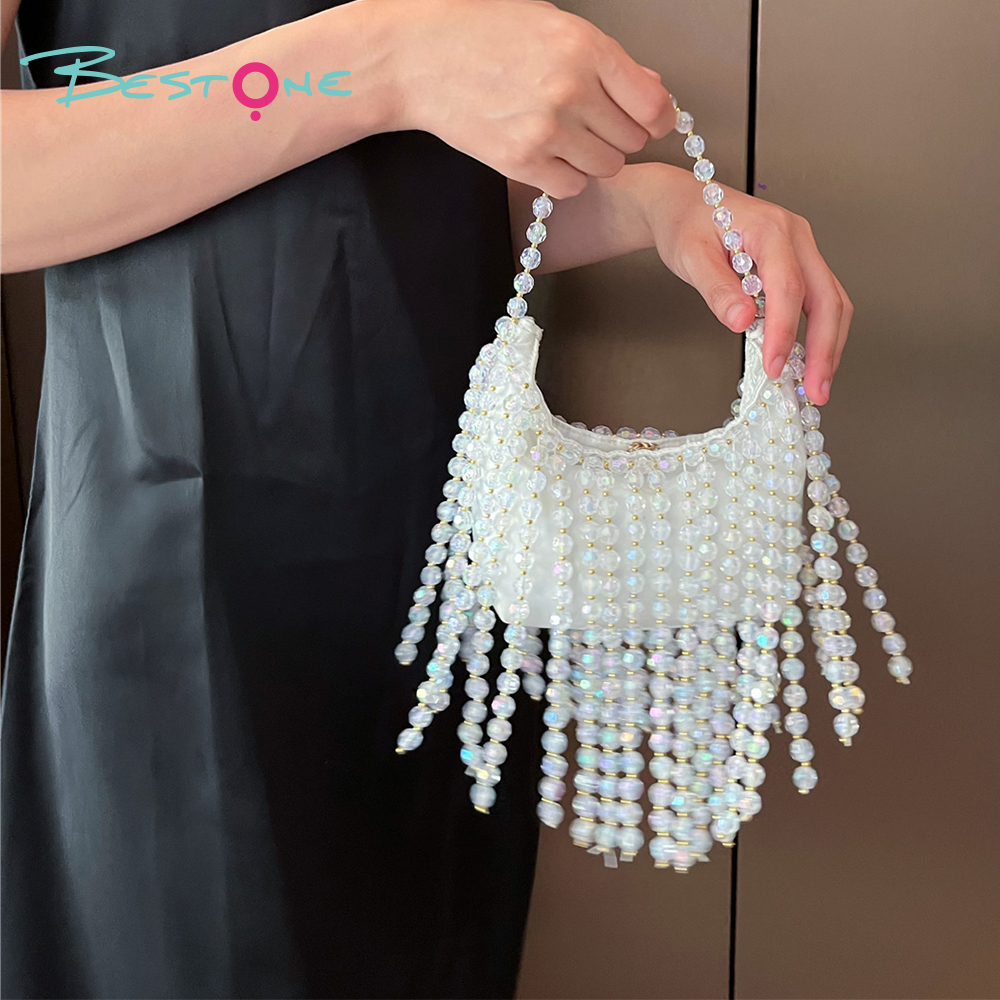 White Acrylic Beaded Handbag with Tassel Tote Bag 14×20cm