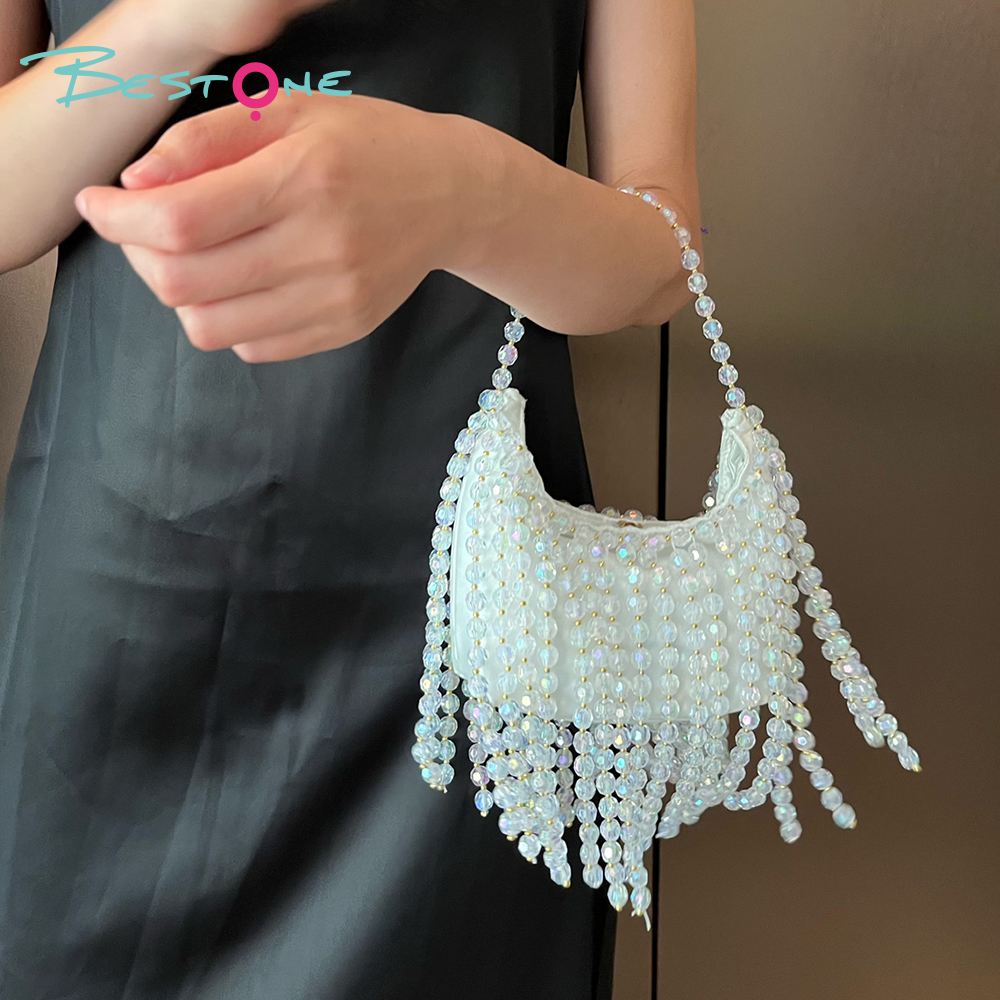White Acrylic Beaded Handbag with Tassel Tote Bag 14×20cm