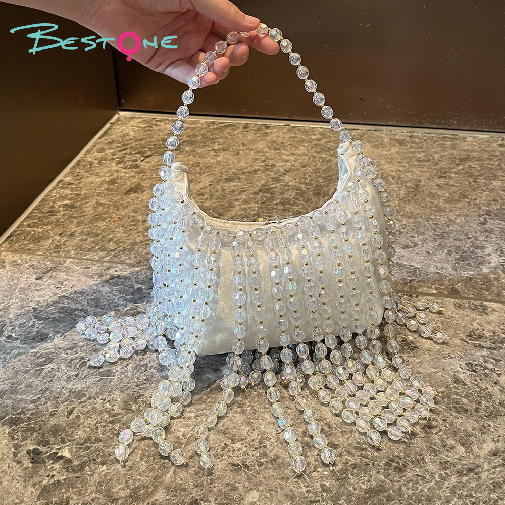 White Acrylic Beaded Handbag with Tassel Tote Bag 14×20cm