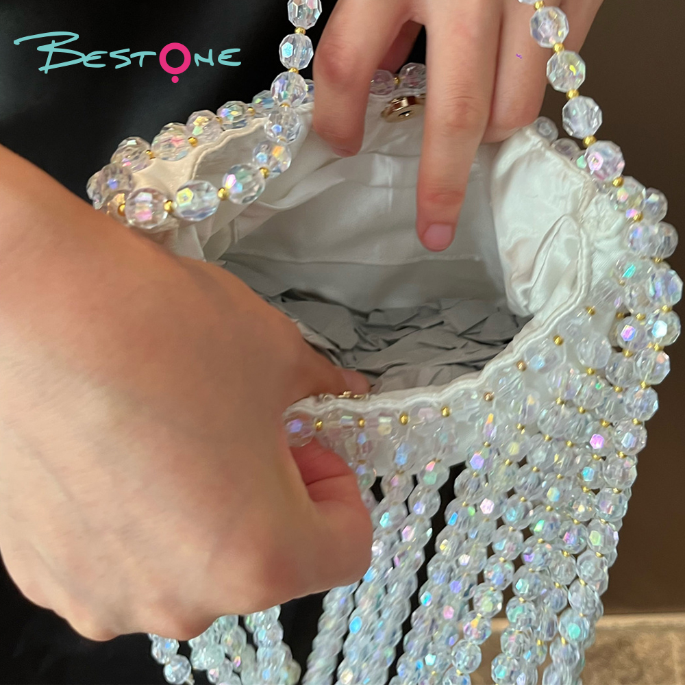 White Acrylic Beaded Handbag with Tassel Tote Bag 14×20cm