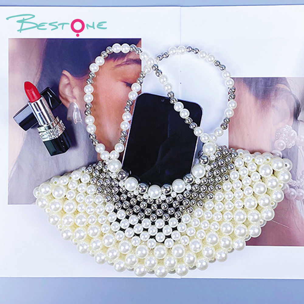 Silver White Beaded Fan-Shaped Handbag 25×10cm Evening Clutch