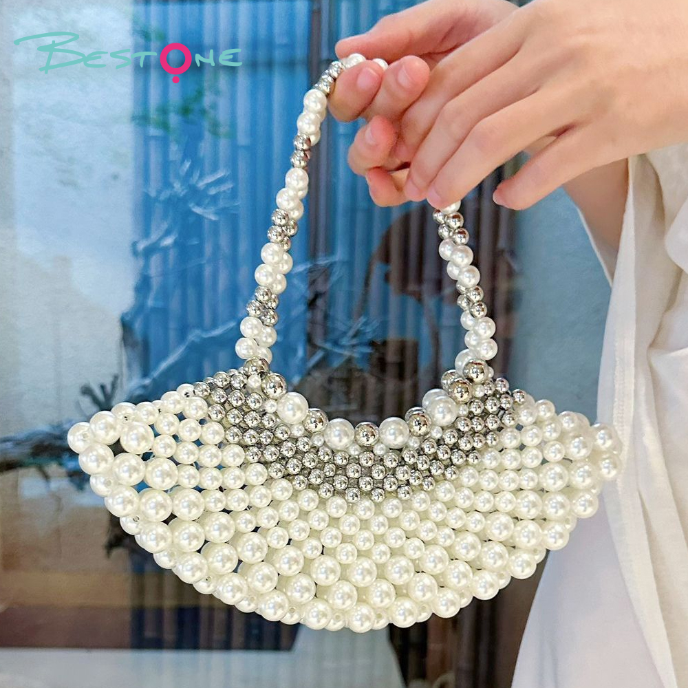 Silver White Beaded Fan-Shaped Handbag 25×10cm Evening Clutch
