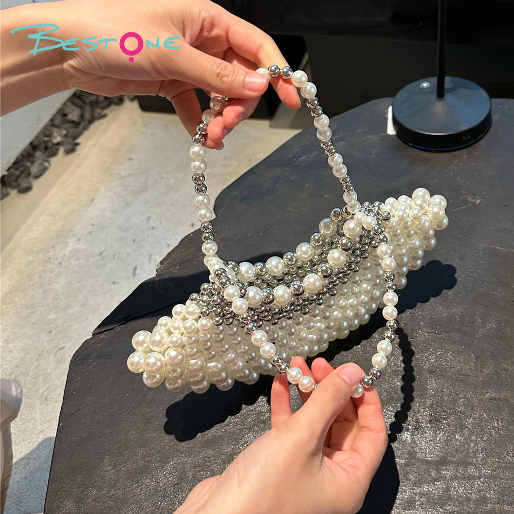 Silver White Beaded Fan-Shaped Handbag 25×10cm Evening Clutch