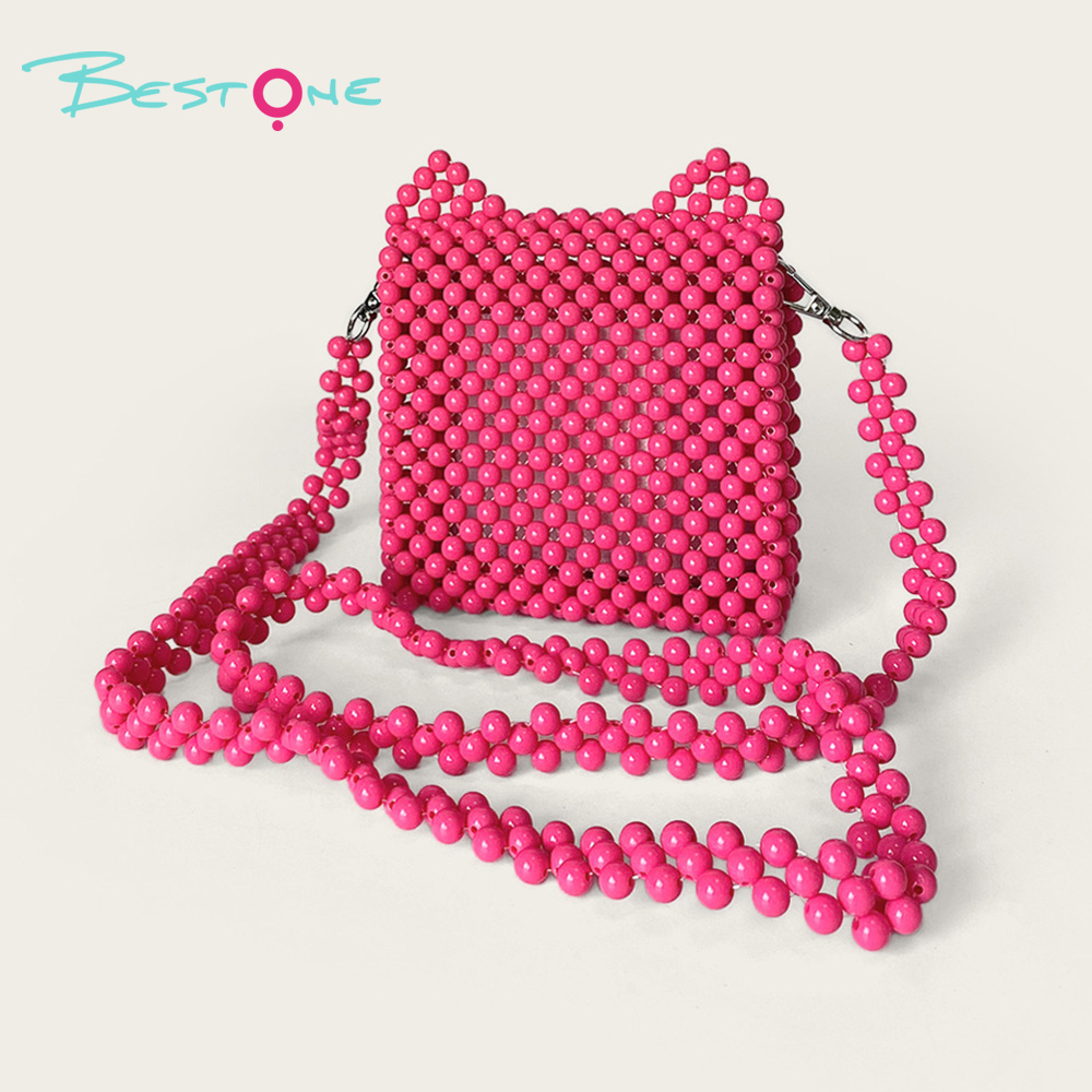 Hot Pink Acrylic Beaded Crossbody Bag — 8mm Round Beads 13×16cm