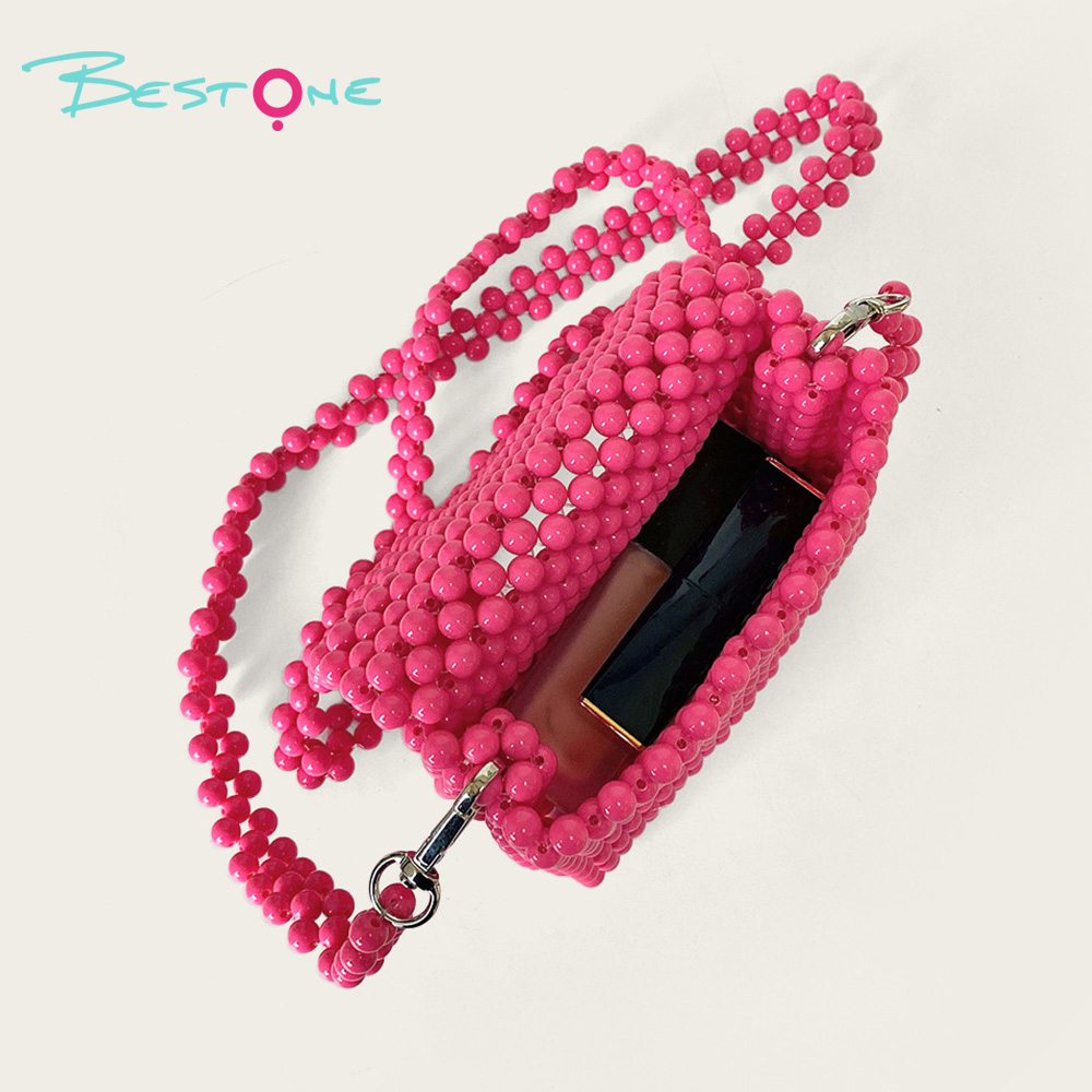 Hot Pink Acrylic Beaded Crossbody Bag — 8mm Round Beads 13×16cm