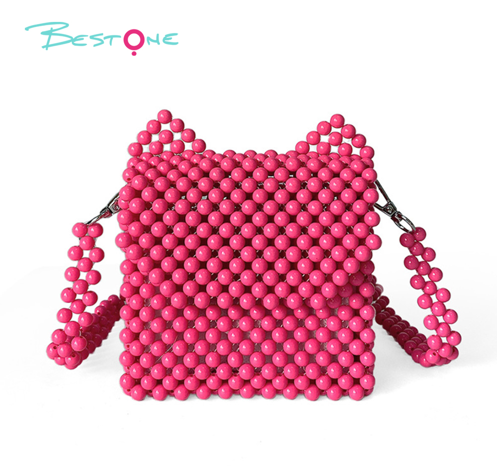 Hot Pink Acrylic Beaded Crossbody Bag — 8mm Round Beads 13×16cm