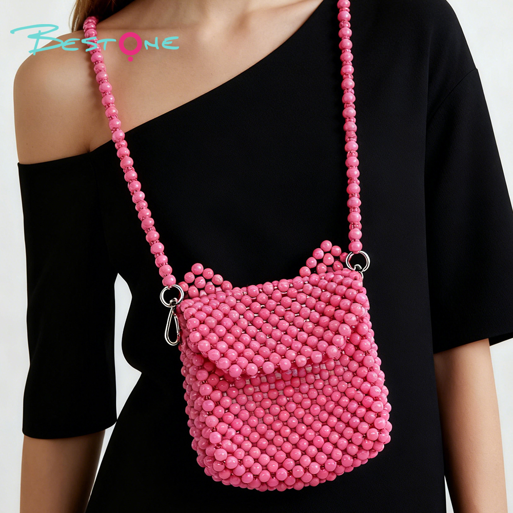 Hot Pink Acrylic Beaded Crossbody Bag — 8mm Round Beads 13×16cm