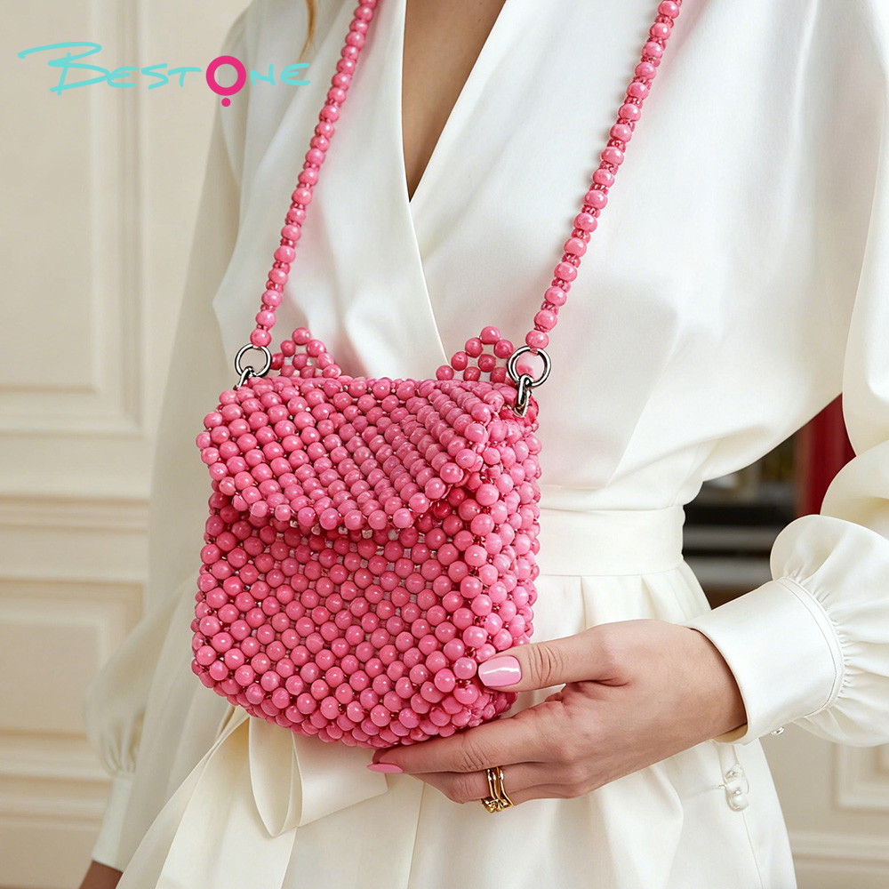 Hot Pink Acrylic Beaded Crossbody Bag — 8mm Round Beads 13×16cm