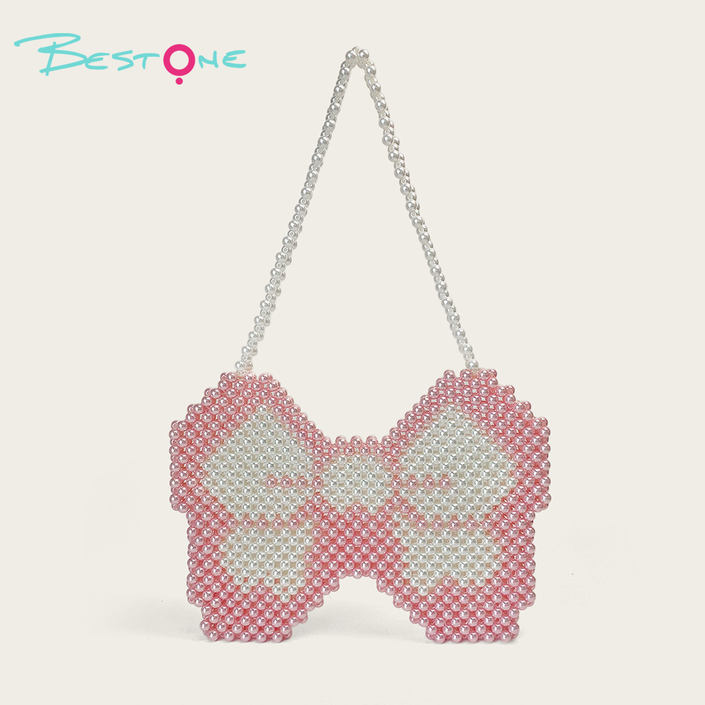 Pink & White Acrylic Beaded Handbag 25.5×18.5cm Handmade Beaded Tote