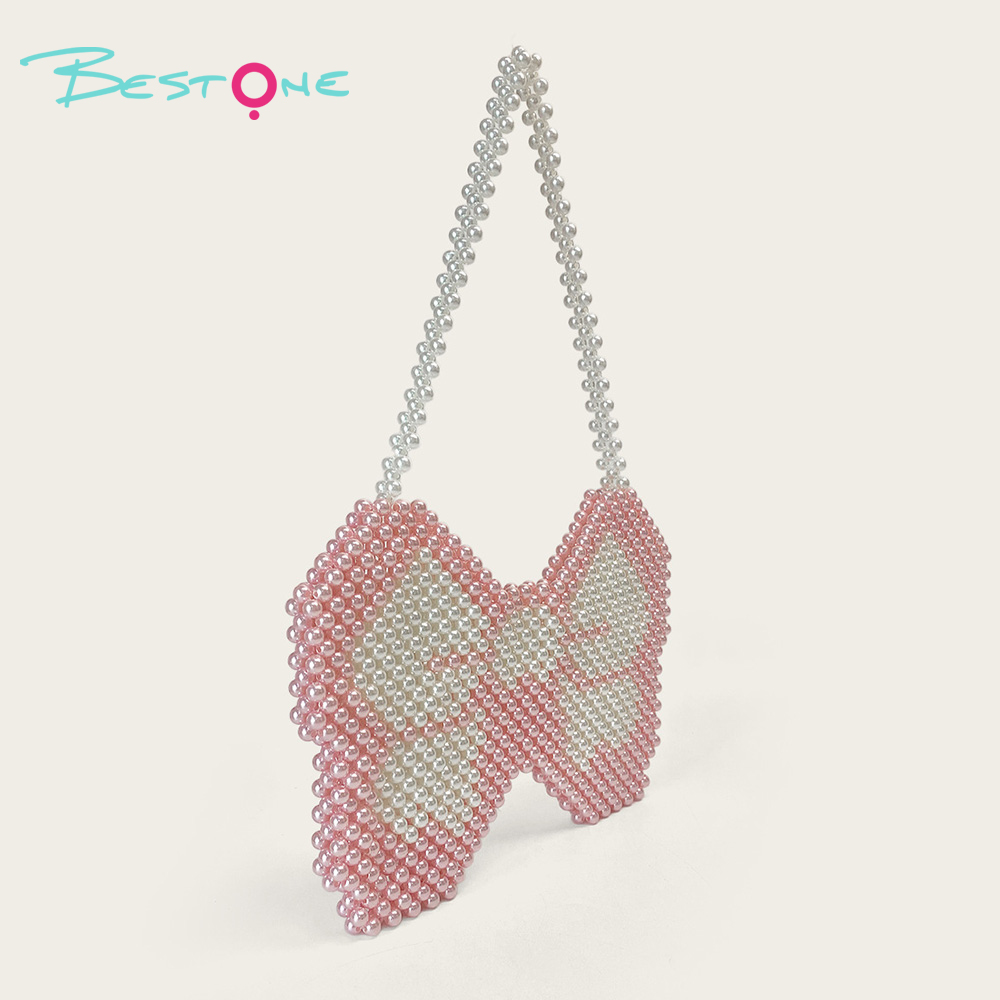 Pink & White Acrylic Beaded Handbag 25.5×18.5cm Handmade Beaded Tote