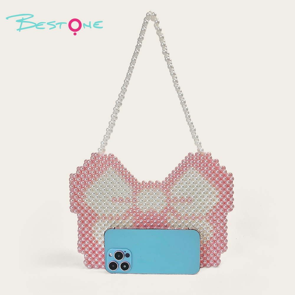 Pink & White Acrylic Beaded Handbag 25.5×18.5cm Handmade Beaded Tote