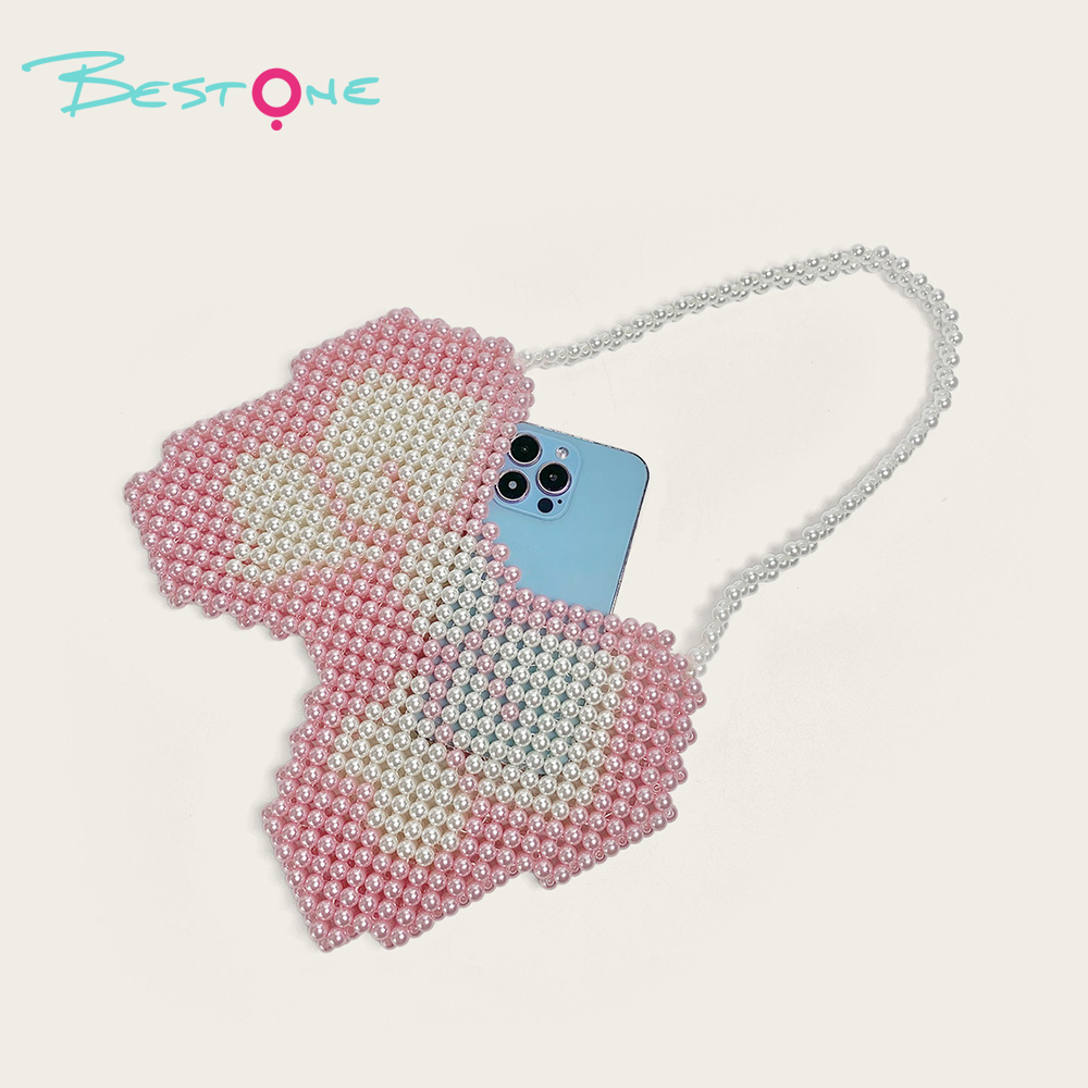 Pink & White Acrylic Beaded Handbag 25.5×18.5cm Handmade Beaded Tote