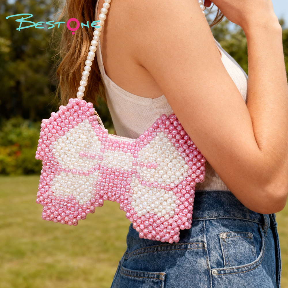 Pink & White Acrylic Beaded Handbag 25.5×18.5cm Handmade Beaded Tote