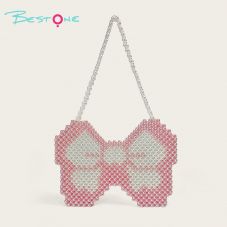 Pink & White Acrylic Beaded Handbag 25.5×18.5cm Handmade Beaded Tote