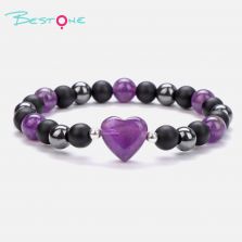 Heart Charm Gemstone Stretch Bracelet (15mm Heart, 8mm Gemstone, Matte Black Glass & Black Agate, 19cm+2)