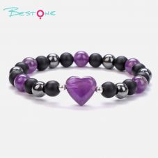 Heart Charm Gemstone Stretch Bracelet (15mm Heart, 8mm Gemstone, Matte Black Glass & Black Agate, 19cm+2)